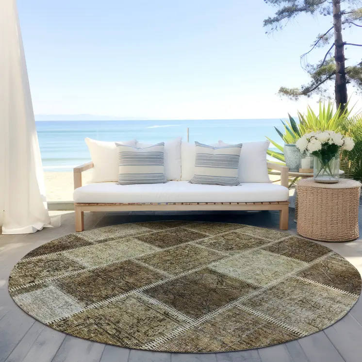 8' Brown Beige And Taupe Round Patchwork Washable Indoor Outdoor Area Rug