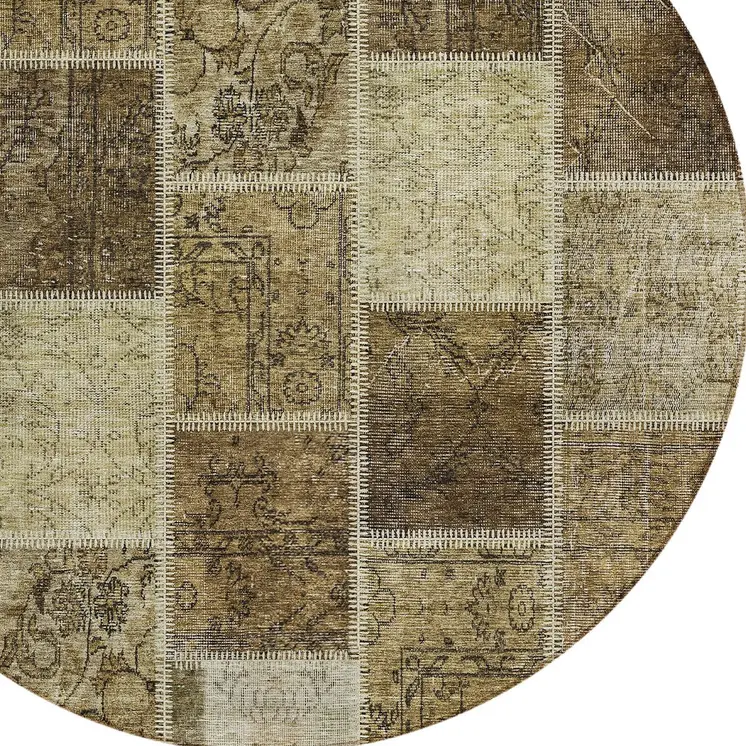 8' Brown Beige And Taupe Round Patchwork Washable Indoor Outdoor Area Rug