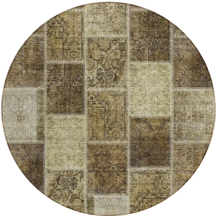 8' Brown Beige And Taupe Round Patchwork Washable Indoor Outdoor Area Rug