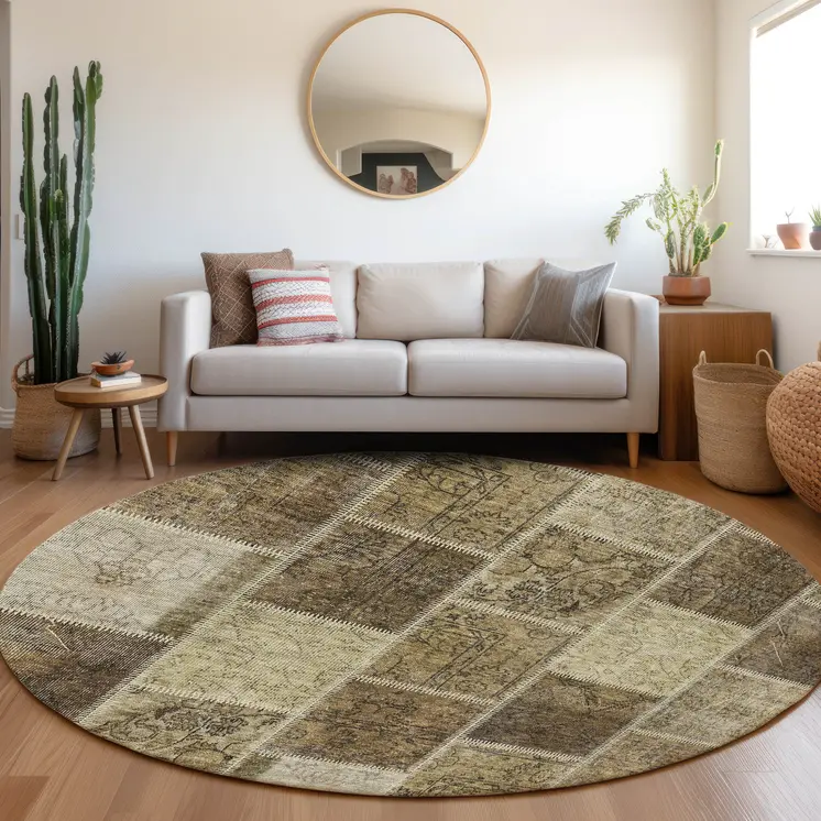 8' Brown Beige And Taupe Round Patchwork Washable Indoor Outdoor Area Rug