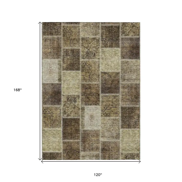 10' X 14' Brown Beige And Taupe Patchwork Washable Indoor Outdoor Area Rug