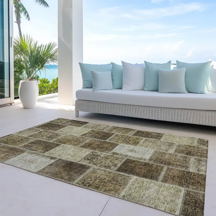 10' X 14' Brown Beige And Taupe Patchwork Washable Indoor Outdoor Area Rug