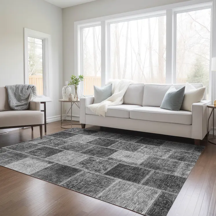 3' X 5' Gray Charcoal And Silver Patchwork Washable Indoor Outdoor Area Rug