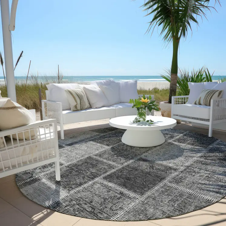 8' Gray Charcoal And Silver Round Patchwork Washable Indoor Outdoor Area Rug