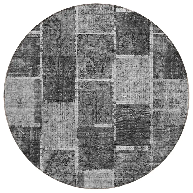 8' Gray Charcoal And Silver Round Patchwork Washable Indoor Outdoor Area Rug