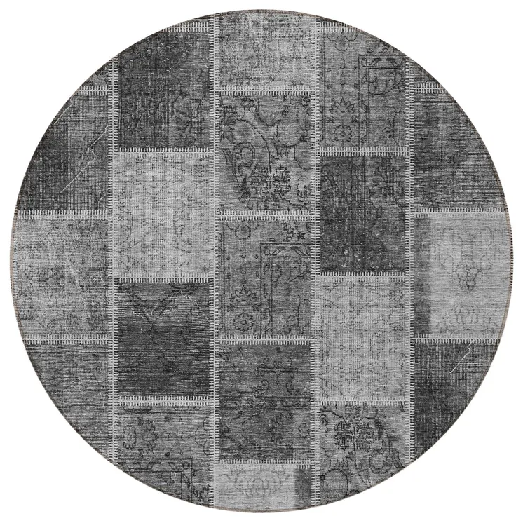 8' Gray Charcoal And Silver Round Patchwork Washable Indoor Outdoor Area Rug