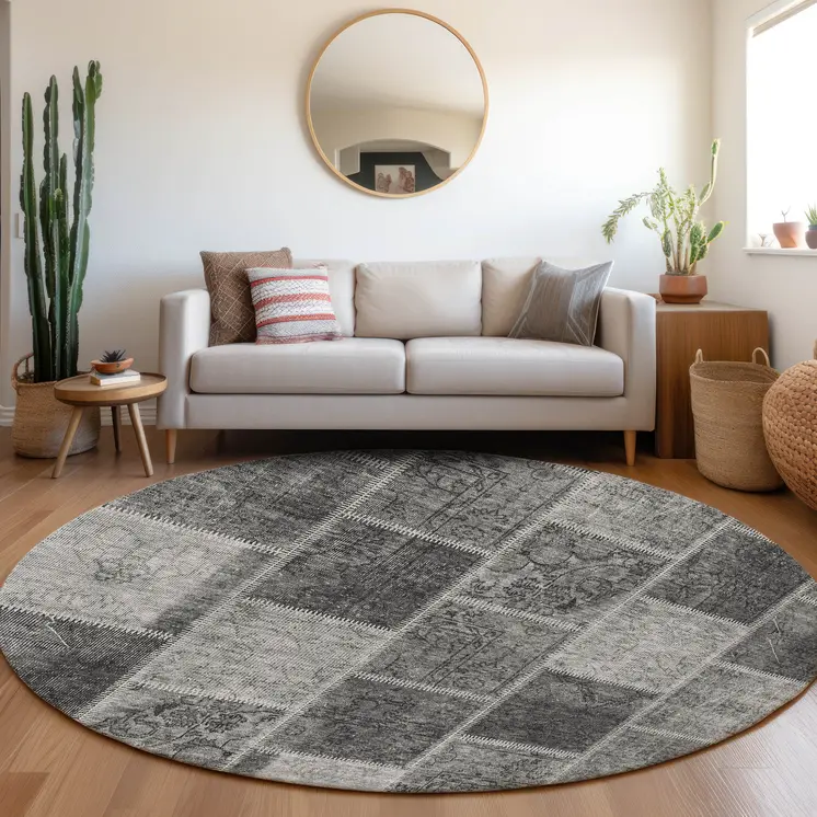 8' Gray Charcoal And Silver Round Patchwork Washable Indoor Outdoor Area Rug