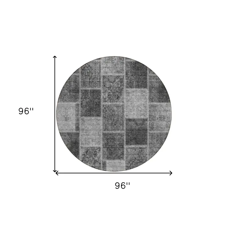 8' Gray Charcoal And Silver Round Patchwork Washable Indoor Outdoor Area Rug
