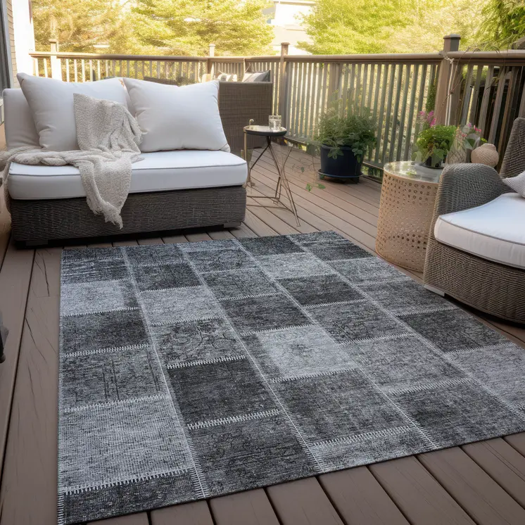 8' X 10' Gray Charcoal And Silver Patchwork Washable Indoor Outdoor Area Rug