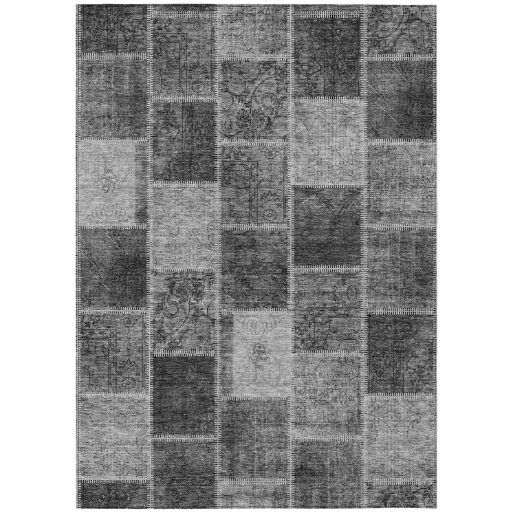 8' X 10' Gray Charcoal And Silver Patchwork Washable Indoor Outdoor Area Rug