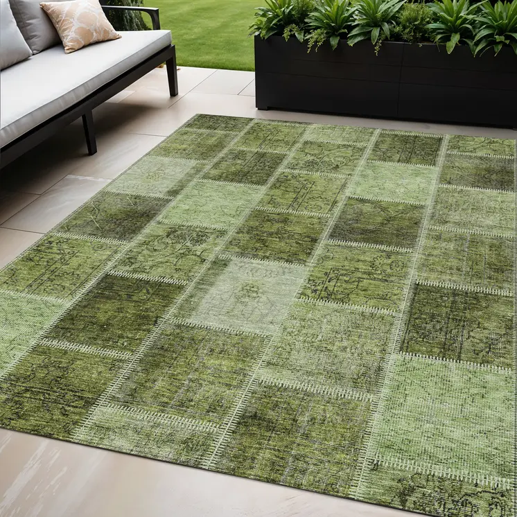 5' X 8' Olive Green And Artichoke Green Patchwork Washable Indoor Outdoor Area Rug