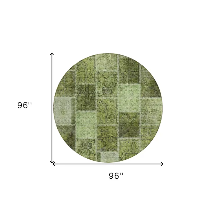 8' Olive Green And Artichoke Green Round Patchwork Washable Indoor Outdoor Area Rug