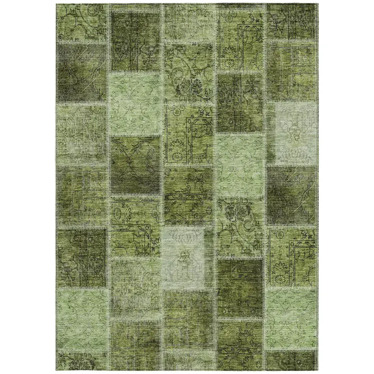 8' X 10' Olive Green And Artichoke Green Patchwork Washable Indoor Outdoor Area Rug