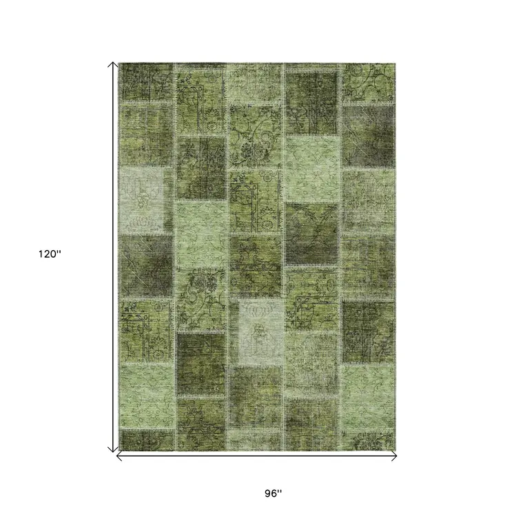 8' X 10' Olive Green And Artichoke Green Patchwork Washable Indoor Outdoor Area Rug