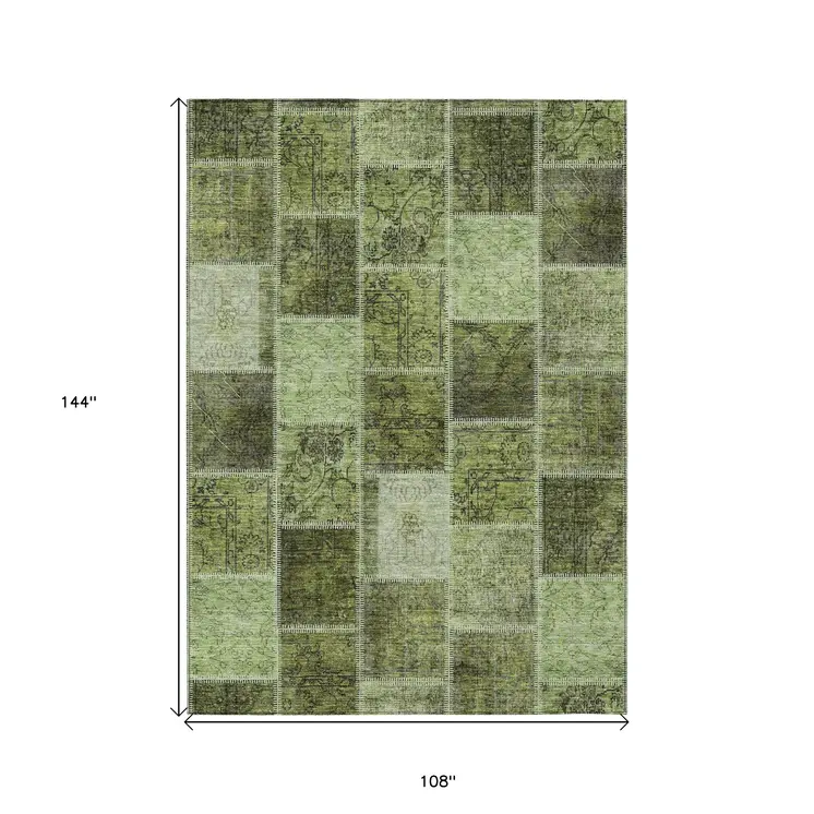 9' X 12' Olive Green And Artichoke Green Patchwork Washable Indoor Outdoor Area Rug
