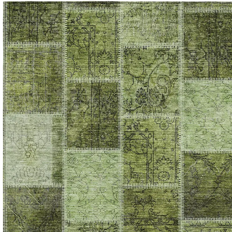 9' X 12' Olive Green And Artichoke Green Patchwork Washable Indoor Outdoor Area Rug