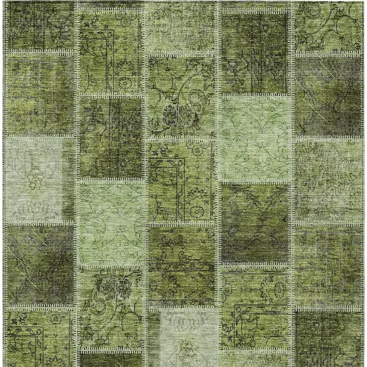 10' X 14' Olive Green And Artichoke Green Patchwork Washable Indoor Outdoor Area Rug