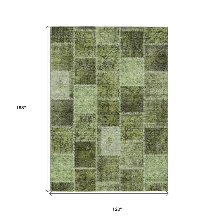 10' X 14' Olive Green And Artichoke Green Patchwork Washable Indoor Outdoor Area Rug