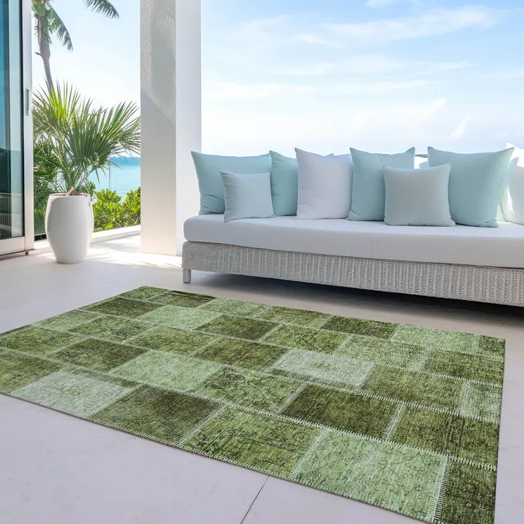 10' X 14' Olive Green And Artichoke Green Patchwork Washable Indoor Outdoor Area Rug