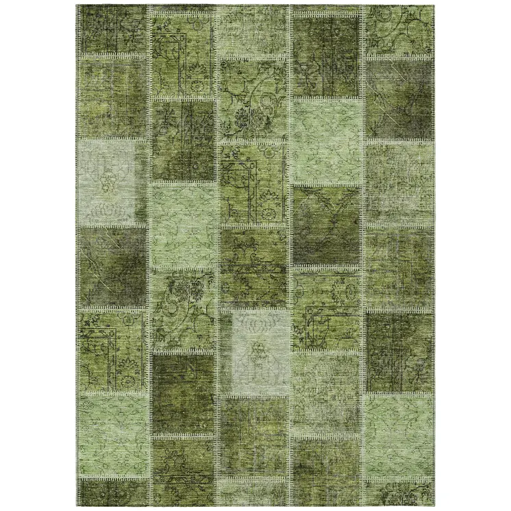 10' X 14' Olive Green And Artichoke Green Patchwork Washable Indoor Outdoor Area Rug