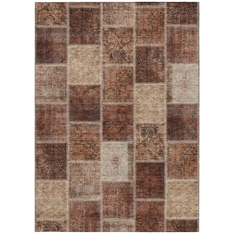 3' X 5' Orange Copper And Beige Patchwork Washable Indoor Outdoor Area Rug