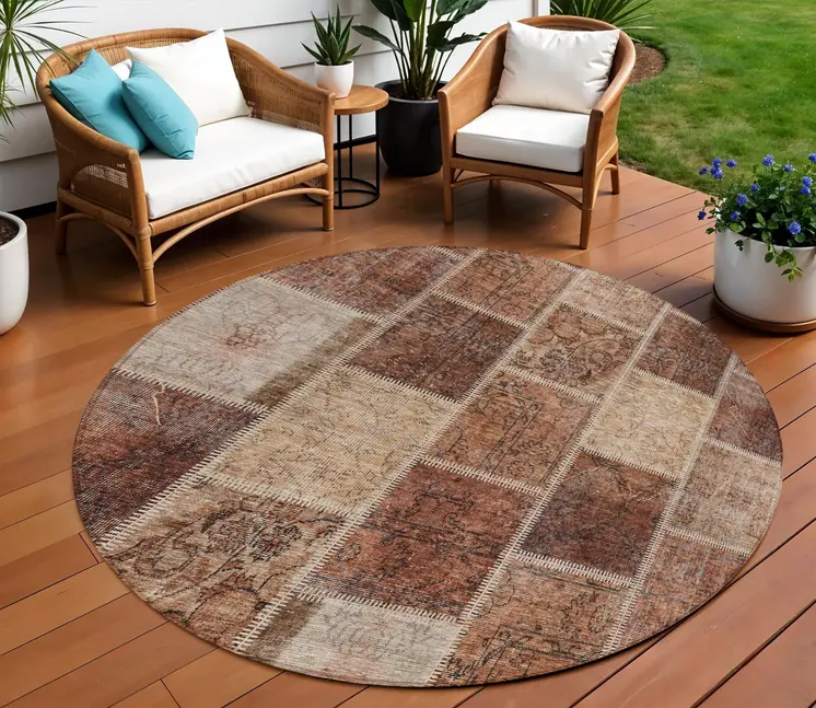 8' Orange Copper And Beige Round Patchwork Washable Indoor Outdoor Area Rug