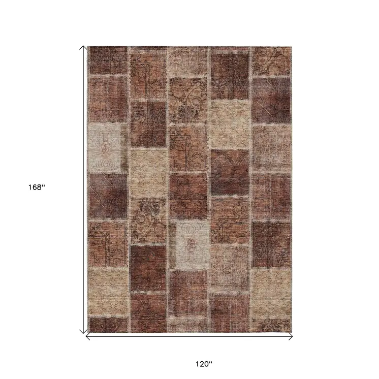 10' X 14' Orange Copper And Beige Patchwork Washable Indoor Outdoor Area Rug