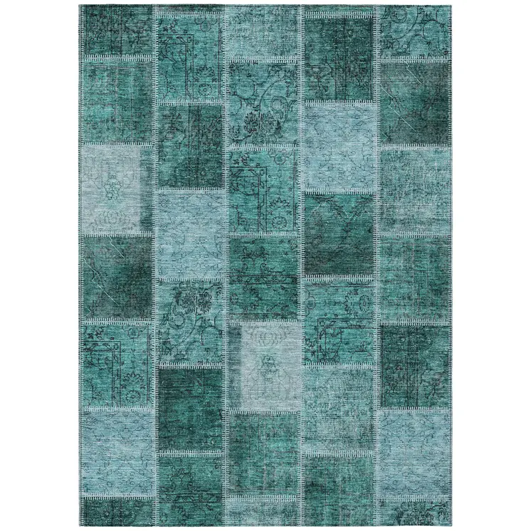 3' X 5' Teal Blue Aqua And Charcoal Patchwork Washable Indoor Outdoor Area Rug