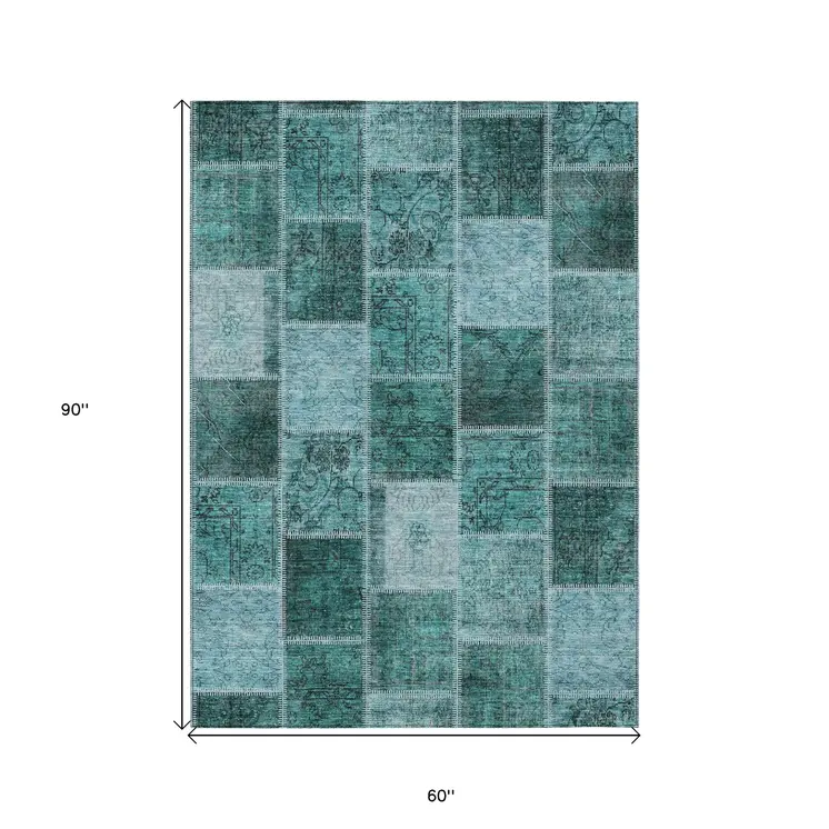 5' X 8' Teal Blue Aqua And Charcoal Patchwork Washable Indoor Outdoor Area Rug
