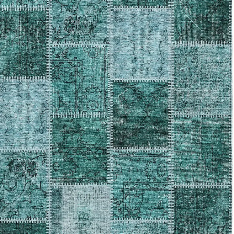 5' X 8' Teal Blue Aqua And Charcoal Patchwork Washable Indoor Outdoor Area Rug