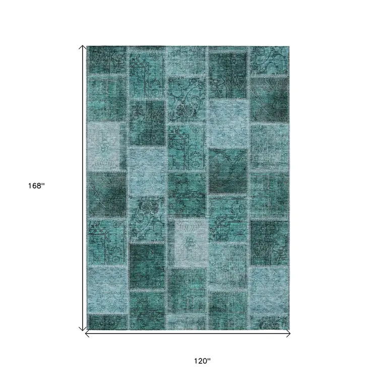 10' X 14' Teal Blue Aqua And Charcoal Patchwork Washable Indoor Outdoor Area Rug