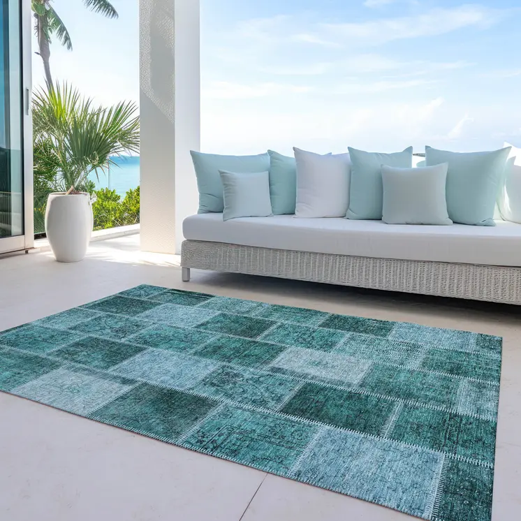 10' X 14' Teal Blue Aqua And Charcoal Patchwork Washable Indoor Outdoor Area Rug