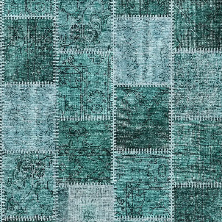 10' X 14' Teal Blue Aqua And Charcoal Patchwork Washable Indoor Outdoor Area Rug