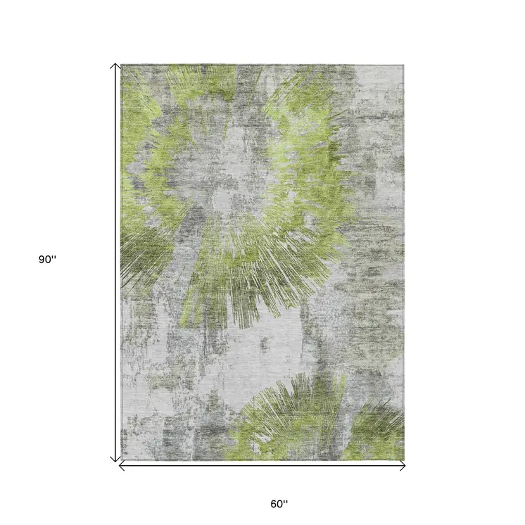 5' X 8' Artichoke Green Gray And Charcoal Abstract Washable Indoor Outdoor Area Rug