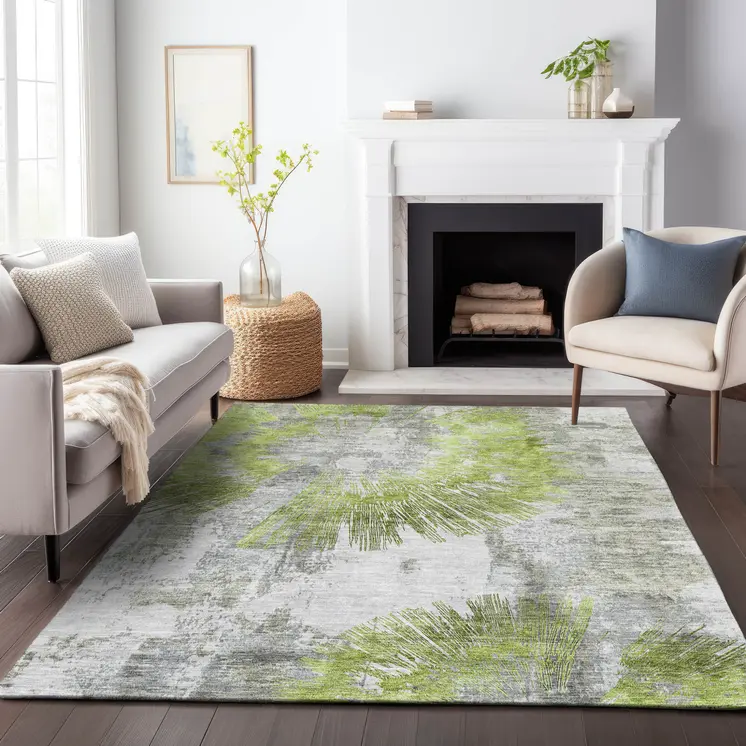 5' X 8' Artichoke Green Gray And Charcoal Abstract Washable Indoor Outdoor Area Rug