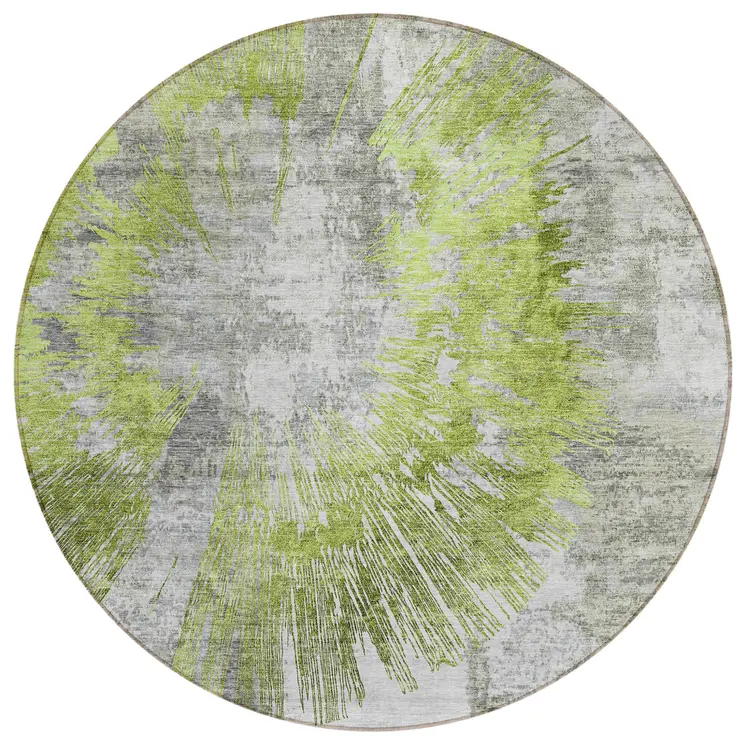 8' Artichoke Green Gray And Charcoal Round Abstract Washable Indoor Outdoor Area Rug