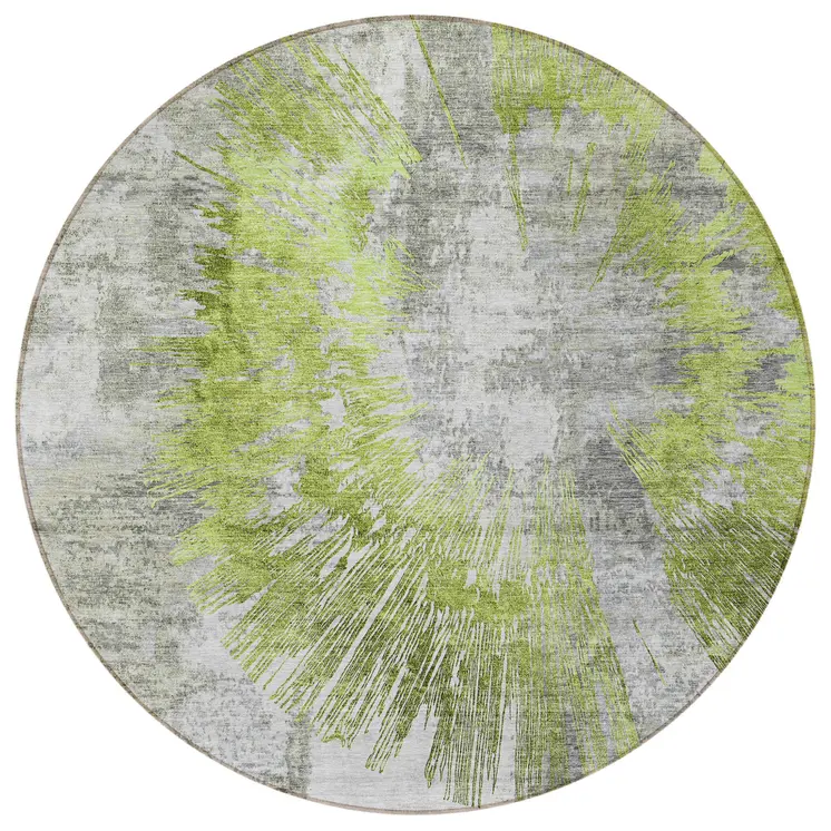 8' Artichoke Green Gray And Charcoal Round Abstract Washable Indoor Outdoor Area Rug