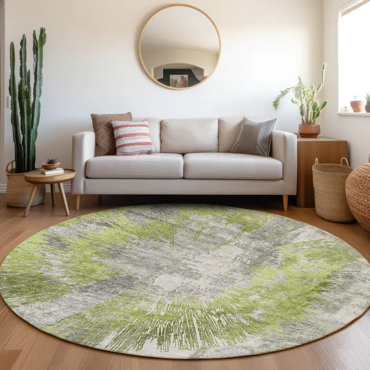 8' Artichoke Green Gray And Charcoal Round Abstract Washable Indoor Outdoor Area Rug