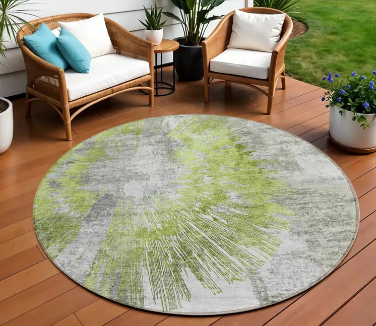 8' Artichoke Green Gray And Charcoal Round Abstract Washable Indoor Outdoor Area Rug