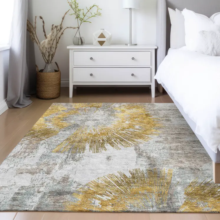 3' X 5' Gold Beige And Ivory Abstract Washable Indoor Outdoor Area Rug