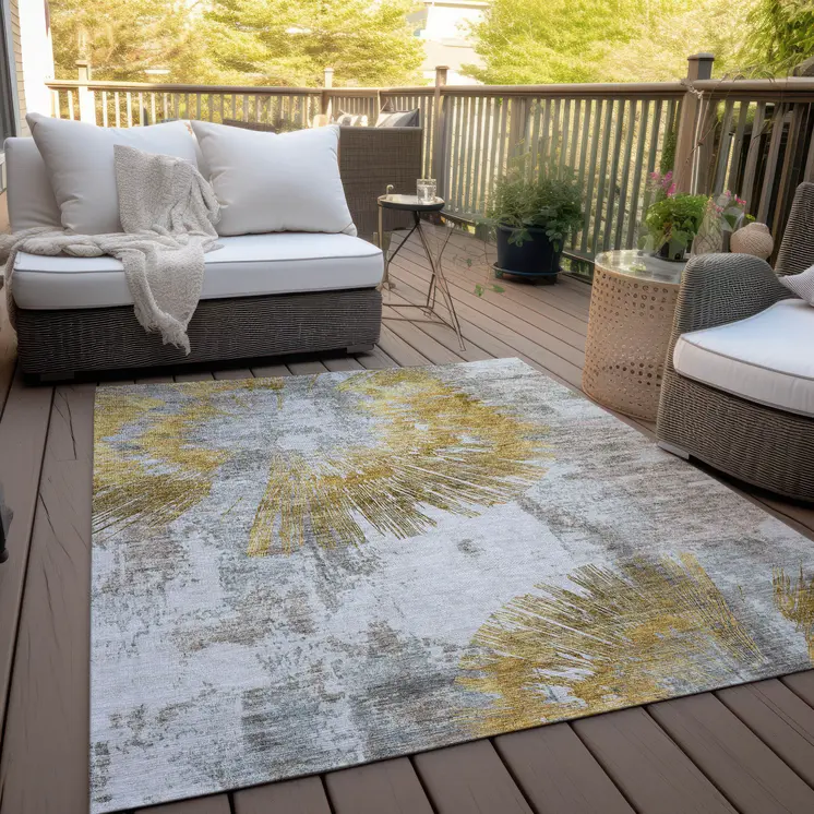5' X 8' Gold Beige And Ivory Abstract Washable Indoor Outdoor Area Rug