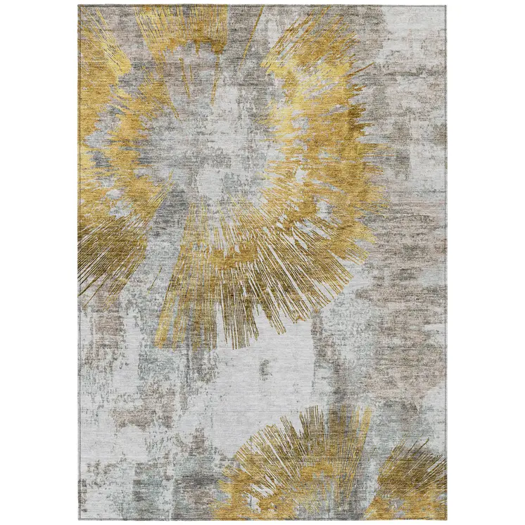 5' X 8' Gold Beige And Ivory Abstract Washable Indoor Outdoor Area Rug