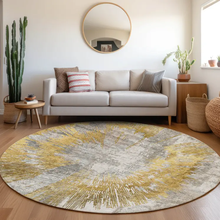 8' Gold Beige And Ivory Round Abstract Washable Indoor Outdoor Area Rug