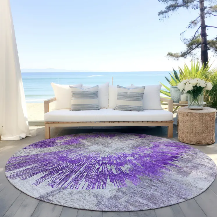 8' Purple Gray And Charcoal Round Abstract Washable Indoor Outdoor Area Rug