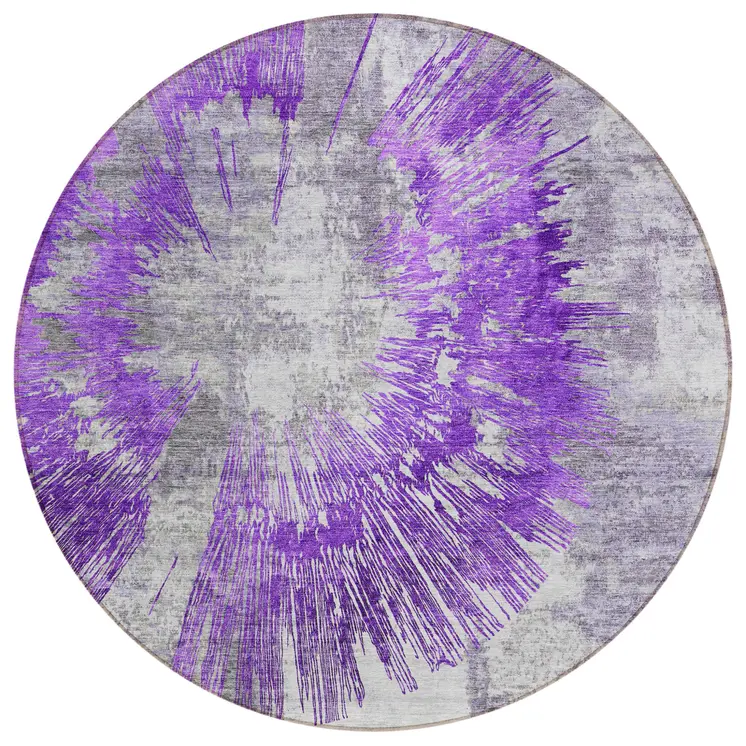 8' Purple Gray And Charcoal Round Abstract Washable Indoor Outdoor Area Rug