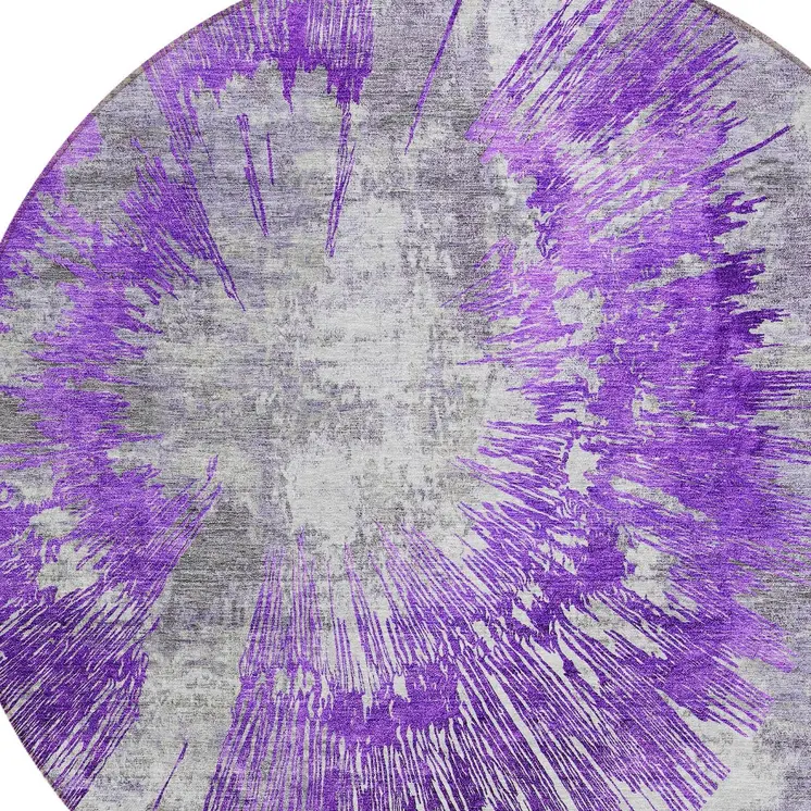 8' Purple Gray And Charcoal Round Abstract Washable Indoor Outdoor Area Rug