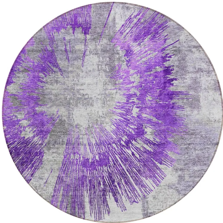 8' Purple Gray And Charcoal Round Abstract Washable Indoor Outdoor Area Rug