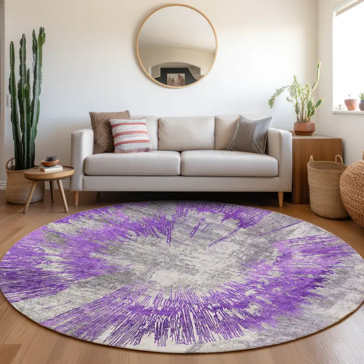 8' Purple Gray And Charcoal Round Abstract Washable Indoor Outdoor Area Rug