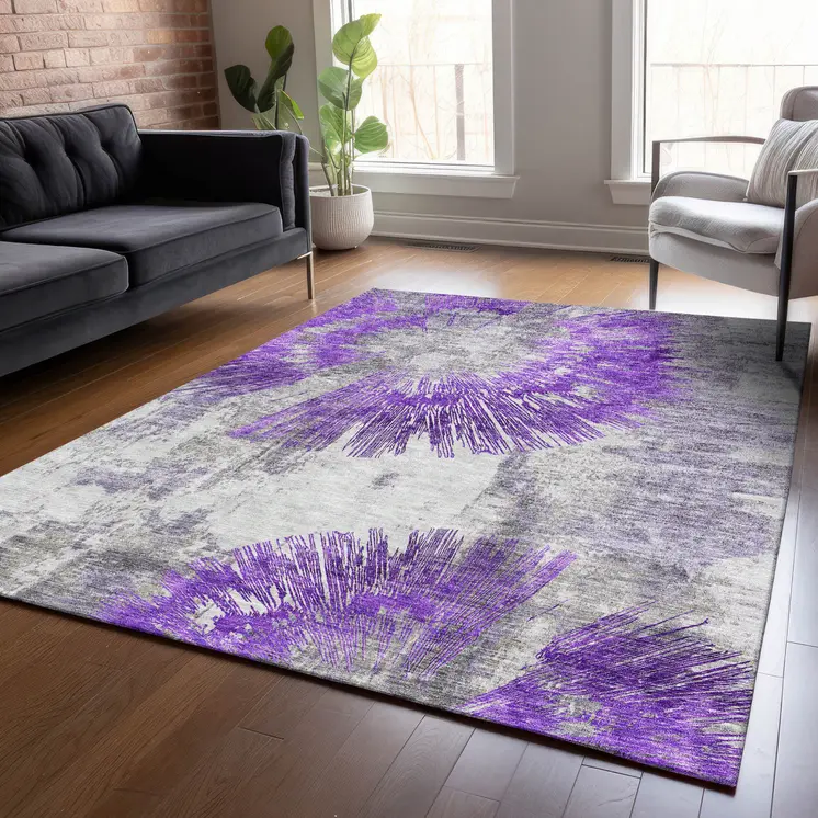 9' X 12' Purple Gray And Charcoal Abstract Washable Indoor Outdoor Area Rug