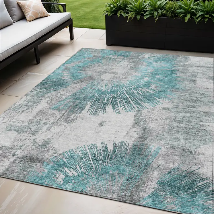 5' X 8' Teal Blue Aqua And Gray Abstract Washable Indoor Outdoor Area Rug